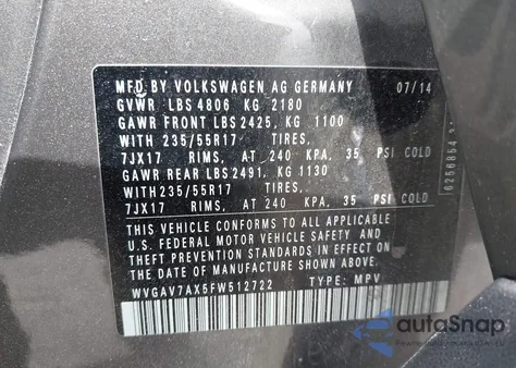 2015 Volkswagen Tiguan Se z USA, uszkodzony, nr VIN WVGAV7AX5FW512722